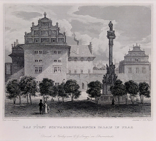 Praha – Schwarzenberský palác, Johann Poppel, Ludwig Lange, oceloryt, ca 1835