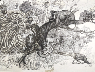 Kabát Václav – Příběh, který nikdy neskončí, ilustrace ke knize, kresba tuší, koláž, 1987