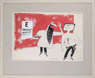 Jelínek Oldřich – Oční lékař, kolorovaná kresba tuší, 1990