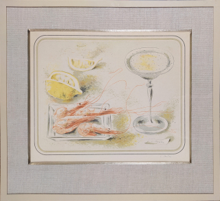 Bouda Cyril – Zátiší s krevetami a citronem, barevná litografie, ca 1943