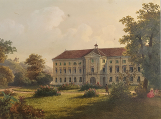 Bystřice pod Hostýnem – Pohled na zámek, August Carl Haun, František Kalivoda, původní litografie, 1857–1860