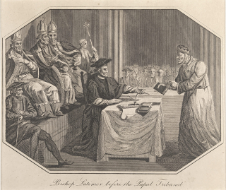 Latimer Hugh – biskup Latimer před papežským tribunálem, původní mědiryt, 1812