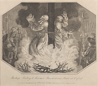 Latimer Hugh, Ridley Nicholas – veřejné upálení biskupů 16. října 1555, původní mědiryt, 1812