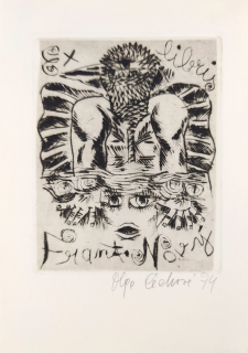 Čechová Olga – Ex libris František Nový, Dravý pták, původní lept a suchá jehla, 1974