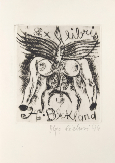 Čechová Olga – Ex libris H. Blokland, Fénix, původní lept a suchá jehla, 1974