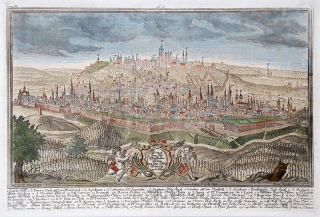 Praha – celkový pohled na město, Werner F. B., staře kolorovaný původní mědiryt, ca 1740