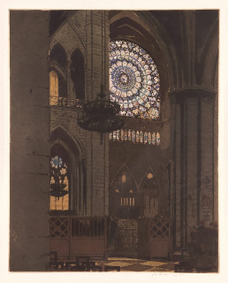Vondrouš Jan Charles – Paříž, Růžicové okno v Notre Dame, vernis mou a akvatinta, 1928