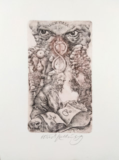 Kulhánek Oldřich – Alchymia, Ex musicis Dr. Arnold Hausweiler, barevný lept, 1989