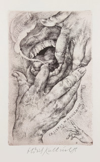Kulhánek Oldřich – Auuuu, Ex libris W. Meulemans, tandarts, barevný lept, 1986