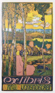 Váchal Josef – Ex libris Anna Buchenbecker, původní trojbarevný dřevoryt, 1916