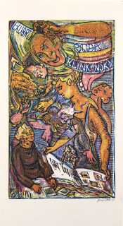 Váchal Josef – Ex libris Ruda Klinkovský, Sběratel a vidiny, původní čtyřbarevný dřevoryt, 1945