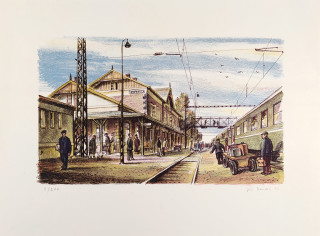 Bouda Jiří – Čáslav, nádraží, původní barevná litografie, číslováno 3/200, 1973