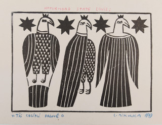 Mikulka Alois – Tři chcíplí orlové, Naturmord State Louis, signovaný linoryt, 1972