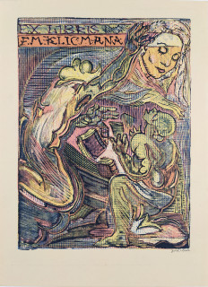 Váchal Josef – Ex libris F. M. Klicmana, Žehnající músa, původní čtyřbarevný dřevoryt, 1945