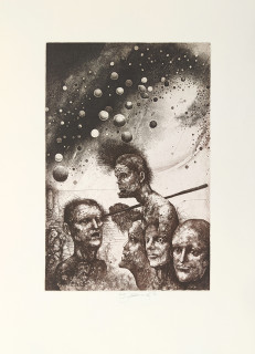 Janíček James – Sedm ran egyptských, barevný lept, značeno E.A./autorský tisk, 1996