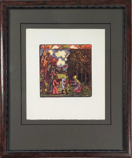 Váchal Josef – Ex libris Marie Fričová, Pohádka, původní tříbarevný dřevoryt, 1927