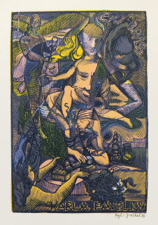 Váchal Josef – Ex libris Karel Pavelka, Kuřák tabáku, původní čtyřbarevný dřevoryt, 1936