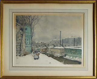 Šimon Tavík František – Pont Ste. Marie v zimě, Paříž, barevný lept, 1923