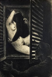 Bouda Cyril – Milenci v okně, původní litografie, ca 1948