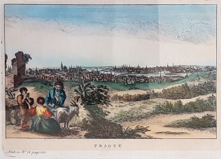 Praha – celkový pohled na město, Salmon, staře kolorovaný původní lept, po 1660