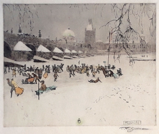 Šimon Tavík František – Kluziště pod Karlovým mostem, barevný lept, 1908