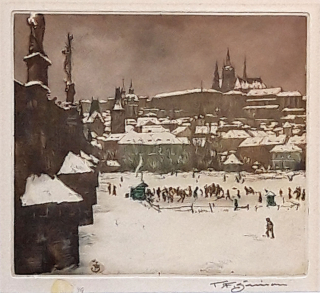 Šimon Tavík František – Kluziště pod Karlovým mostem, barevný lept, 1916