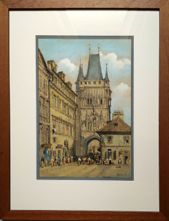 Prout Samuel – Praha, Staroměstská mostecká věž, staře kolorovaná původní litografie, 1833