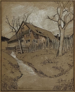 Merki G. – Kollerhaus, kolorovaná kresba tuší, 1901