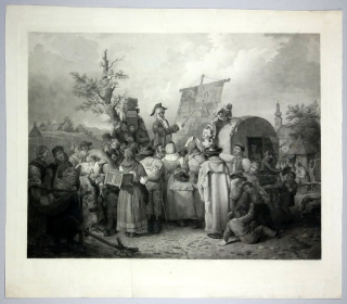Židlochovice. Höfel Blasius V., pův. oceloryt ca 1830, Židlochovice u Brna, jarmark
