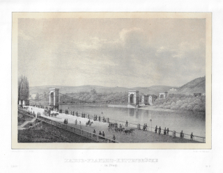 Praha – Řetězový most císaře Františka, Arldt, Semmler, litografie, pražská veduta, 1840