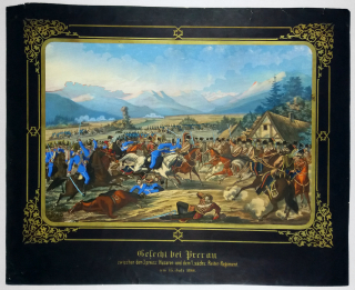 Přerov – Bitva u Přerova 15. 6. 1866, původní litografie, veduta, ca 1867