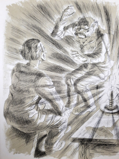 Bouda Cyril – Dva muži u svíčky, původní kamenorytina, 1946