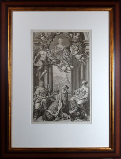 Praha – Portrét Marie Terezie s průhledem na Prahu, původní mědiryt, 1743