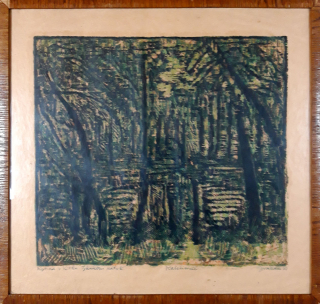 Váchal Josef – Rašeliniště, barevná rytina v korku, zkušební nátisk, 1950