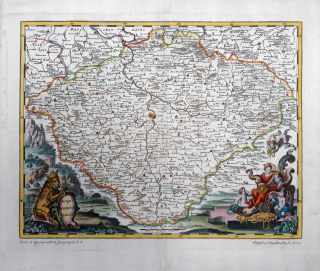 Čechy – Pfeffel, Johann Andreas, Regni Bohemiae tabula, kolorovaný mědiryt, 1735
