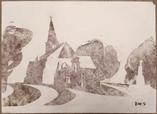 Kostel v Bretani, kombinovaná technika na ručním papíře, 1996