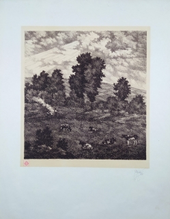 Klír Svatopluk – Na pastvině, litografie se žlutým podtiskem, ca 1920