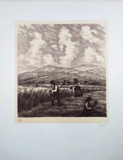 Klír Svatopluk – Sekání obilí, litografie se žlutým podtiskem, ca 1920