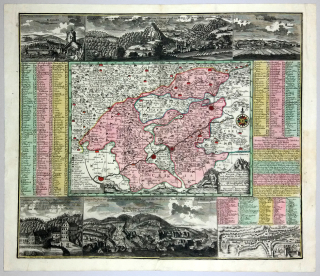 Karlovy Vary – Seutter Matthäus, stará mapa s vedutami, původní mědiryt, ca 1740