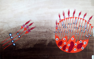 Bednářová Eva – Původní návrh obálky knihy: O čem si budeme povídat, kvaš a tempera, 1978