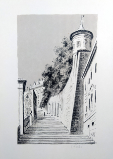 Bouda Cyril – Nové zámecké schody, litografie s barevným podtiskem, ca 1950
