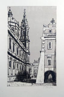 Bouda Cyril – Kostel sv. Mikuláše, litografie s barevným podtiskem, ca 1950