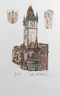 Vondráček Michal – Praha, Staroměstská radnice, barevný oceloryt, ca 1980