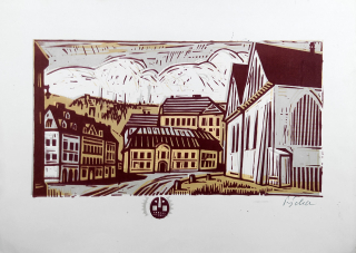 Pýcha Josef – Praha, Betlémské náměstí, barevný linoryt, ca 1970