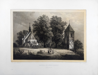 Poděbrady – kostel Nanebevzetí Panny Marie, Arldt Carl Wilhelm, původní tónovaná litografie, 1845