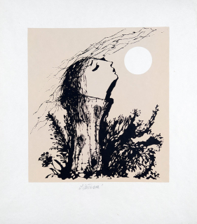 Jiřincová Ludmila – Dívka a měsíc, původní litografie s podtiskem, ca 1960