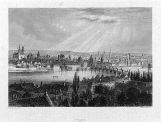 Praha – Pohled přes Karlův most na Staré Město, původní oceloryt, ca 1830