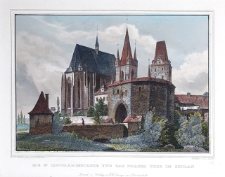 Slaný – C. Würbs, E. Höfer, veduta, staře kolorovaný původní oceloryt, 1840