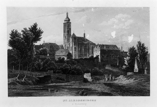 Kutná hora – Kostel sv. Jakuba, veduta, C. Würbs, původní oceloryt, ca 1850