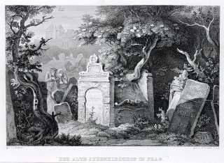 Praha – Starý židovský hřbitov, W. Witthöft, L. Richter, původní oceloryt, 1841